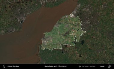 Kuzey Somerset. Birleşik Krallık 'ın idari alanı, Şubat 2021' de çekilen Kopernik Nöbetçi karolarından oluşan koyu renkli bir uydu görüntüsü üzerinde vurgulandı ve özetlendi.