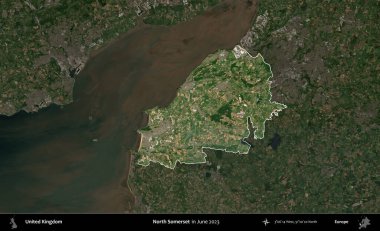 Kuzey Somerset. Birleşik Krallık 'ın idari alanı, Haziran 2023' te çekilen Kopernik Nöbetçi karolarından oluşan koyu renkli bir uydu görüntüsüyle vurgulanmış ve özetlenmiştir.