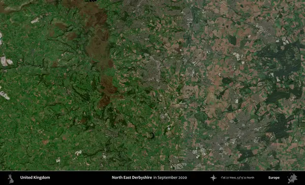 Kuzey Doğu Derbyshire. Eylül 2020 'de Copernicus Sentinel karolarından oluşan bir uydu görüntüsü üzerinde Birleşik Krallık' ın idari alanı