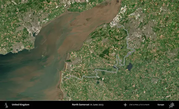 Kuzey Somerset. Haziran 2023 'te çekilen Kopernik Nöbetçi karolarından oluşan bir uydu görüntüsü üzerinde Birleşik Krallık' ın idari alanının ana hatlarını belirledik.