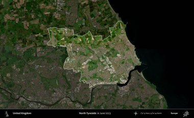 Kuzey Tyneside. Birleşik Krallık 'ın idari alanı, Haziran 2023' te çekilen Kopernik Nöbetçi karolarından oluşan koyu renkli bir uydu görüntüsüyle vurgulanmış ve özetlenmiştir.