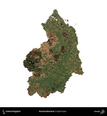 Northumberland 'de. Birleşik Krallık 'ın idari alanı, Nisan 2020' de çekilen Kopernik Nöbetçi karolarından oluşan bir uydu görüntüsü üzerinde beyaza izole edilmiştir.