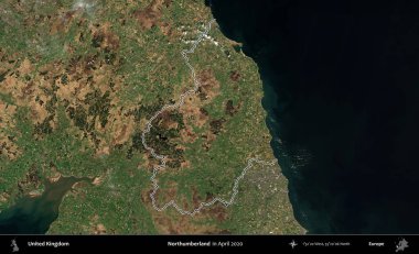 Northumberland 'de. Nisan 2020 'de çekilen Kopernik Nöbetçi karolarından oluşan bir uydu görüntüsü üzerinde Birleşik Krallık' ın idari alanının ana hatlarını belirledik.