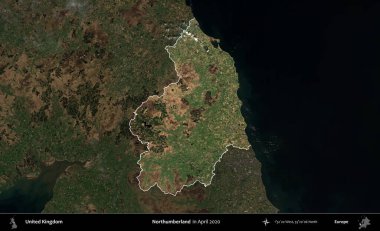 Northumberland 'de. Birleşik Krallık 'ın idari alanı, Nisan 2020' de çekilen Kopernik Nöbetçi karolarından oluşan koyu renkli bir uydu görüntüsü üzerinde vurgulandı ve özetlendi.