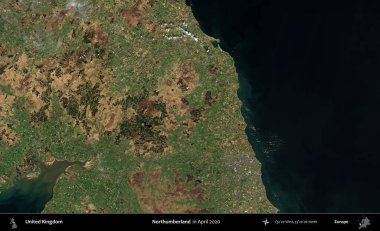 Northumberland 'de. Nisan 2020 'de çekilen Kopernik Nöbetçi karolarından oluşan bir uydu görüntüsü üzerinde Birleşik Krallık' ın idari alanı