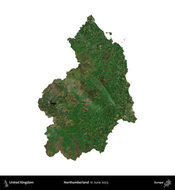 Northumberland 'de. Birleşik Krallık 'ın idari alanı, Haziran 2023' te çekilen Kopernik Nöbetçi karolarından oluşan bir uydu görüntüsü üzerinde beyaza izole edilmiştir.