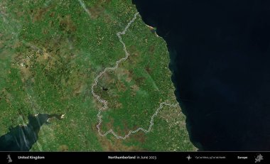 Northumberland 'de. Haziran 2023 'te çekilen Kopernik Nöbetçi karolarından oluşan bir uydu görüntüsü üzerinde Birleşik Krallık' ın idari alanının ana hatlarını belirledik.