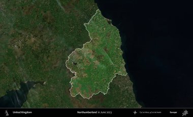 Northumberland 'de. Birleşik Krallık 'ın idari alanı, Haziran 2023' te çekilen Kopernik Nöbetçi karolarından oluşan koyu renkli bir uydu görüntüsüyle vurgulanmış ve özetlenmiştir.