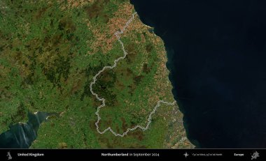 Northumberland 'de. Eylül 2024 'te çekilen Kopernik Nöbetçi karolarından oluşan bir uydu görüntüsü üzerinde Birleşik Krallık' ın idari bölgesinin ana hatlarını belirledik.