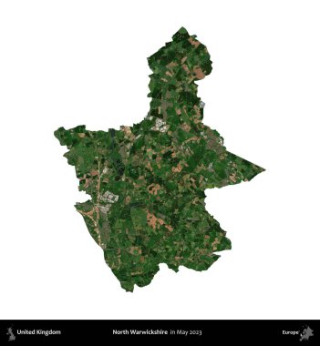 Kuzey Warwickshire. Birleşik Krallık 'ın idari alanı, Mayıs 2023' te çekilen Kopernik Nöbetçi karolarından oluşan bir uydu görüntüsü üzerinde beyaza izole edilmiştir.