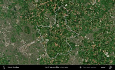 Kuzey Warwickshire. Mayıs 2023 'te çekilen Copernicus Sentinel karolarından oluşan bir uydu görüntüsü üzerinde Birleşik Krallık' ın idari alanının ana hatlarını belirledik.