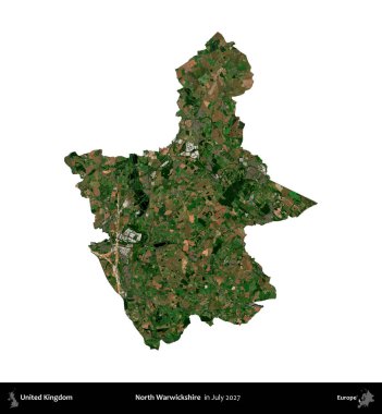 Kuzey Warwickshire. Birleşik Krallık 'ın idari alanı, Temmuz 2027' de çekilen Kopernik Nöbetçi karolarından oluşan bir uydu görüntüsüyle beyaza izole edildi.