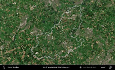Kuzey Batı Leicestershire. Mayıs 2023 'te çekilen Copernicus Sentinel karolarından oluşan bir uydu görüntüsü üzerinde Birleşik Krallık' ın idari alanının ana hatlarını belirledik.