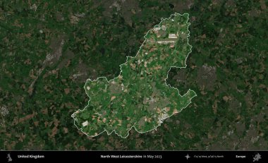 Kuzey Batı Leicestershire. Birleşik Krallık 'ın idari alanı, Mayıs 2023' te çekilen Kopernik Nöbetçi karolarından oluşan koyu renkli bir uydu görüntüsü üzerinde vurgulandı ve özetlendi.