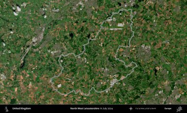Kuzey Batı Leicestershire. Temmuz 2024 'te çekilen Copernicus Sentinel karolarından oluşan bir uydu görüntüsü üzerinde Birleşik Krallık' ın idari bölgesinin ana hatlarını belirledik.