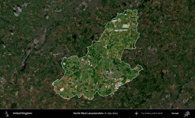 Kuzey Batı Leicestershire. Birleşik Krallık 'ın idari alanı, Temmuz 2024' te çekilen Kopernik Nöbetçi karolarından oluşan koyu renkli bir uydu görüntüsü üzerinde vurgulandı ve özetlendi.
