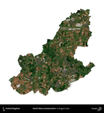 Kuzey Batı Leicestershire. Birleşik Krallık 'ın idari alanı, Ağustos 2024' te çekilen Kopernik Nöbetçi karolarından oluşan bir uydu görüntüsü üzerinde beyaza izole edilmiştir.