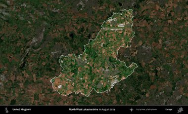 Kuzey Batı Leicestershire. Birleşik Krallık 'ın idari alanı, Ağustos 2024' te çekilen Kopernik Nöbetçi karolarından oluşan koyu renkli bir uydu görüntüsü üzerinde vurgulandı ve özetlendi.