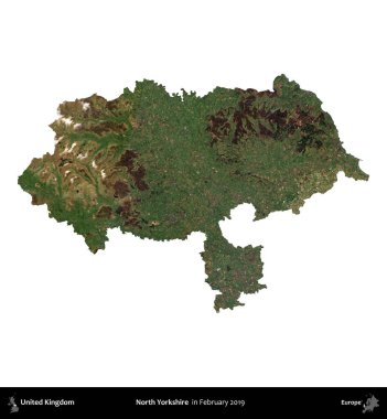 Kuzey Yorkshire. Birleşik Krallık 'ın idari alanı, Şubat 2019' da çekilen Kopernik Nöbetçi karolarından oluşan bir uydu görüntüsüyle beyaza izole edildi.
