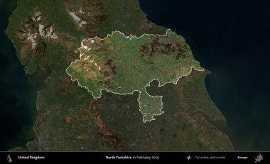 Kuzey Yorkshire. Birleşik Krallık 'ın idari alanı, Şubat 2019' da çekilen Kopernik Nöbetçi karolarından oluşan koyu renkli bir uydu görüntüsü üzerinde vurgulandı ve özetlendi.