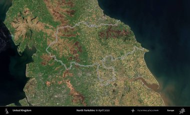 Kuzey Yorkshire. Nisan 2020 'de çekilen Kopernik Nöbetçi karolarından oluşan bir uydu görüntüsü üzerinde Birleşik Krallık' ın idari alanının ana hatlarını belirledik.