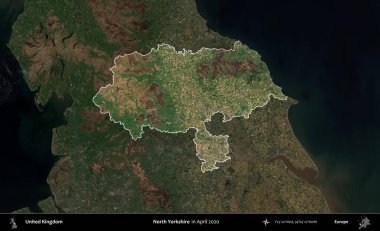 Kuzey Yorkshire. Birleşik Krallık 'ın idari alanı, Nisan 2020' de çekilen Kopernik Nöbetçi karolarından oluşan koyu renkli bir uydu görüntüsü üzerinde vurgulandı ve özetlendi.