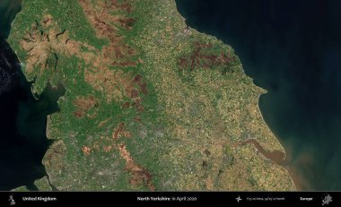 Kuzey Yorkshire. Nisan 2020 'de çekilen Kopernik Nöbetçi karolarından oluşan bir uydu görüntüsü üzerinde Birleşik Krallık' ın idari alanı