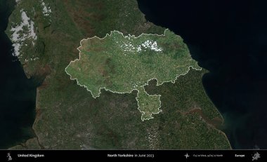 Kuzey Yorkshire. Birleşik Krallık 'ın idari alanı, Haziran 2023' te çekilen Kopernik Nöbetçi karolarından oluşan koyu renkli bir uydu görüntüsüyle vurgulanmış ve özetlenmiştir.