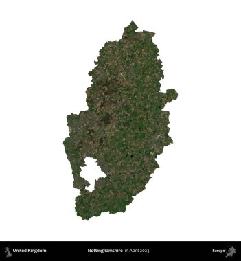 Nottinghamshire 'da. Birleşik Krallık 'ın idari alanı, Nisan 2023' te çekilen Kopernik Nöbetçi karolarından oluşan bir uydu görüntüsü üzerinde beyaza izole edilmiştir.