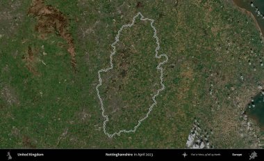 Nottinghamshire 'da. Nisan 2023 'te çekilen Kopernik Nöbetçi karolarından oluşan bir uydu görüntüsü üzerinde Birleşik Krallık' ın idari alanının ana hatlarını belirledik.