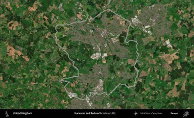 Nuneaton ve Bedworth. Mayıs 2023 'te çekilen Copernicus Sentinel karolarından oluşan bir uydu görüntüsü üzerinde Birleşik Krallık' ın idari alanının ana hatlarını belirledik.