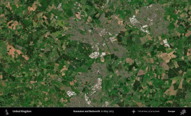 Nuneaton ve Bedworth. Mayıs 2023 'te Copernicus Sentinel karolarından oluşan bir uydu görüntüsü üzerinde Birleşik Krallık' ın idari alanı