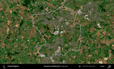 Nuneaton ve Bedworth. Temmuz 2024 'te çekilen Copernicus Sentinel karolarından oluşan bir uydu görüntüsü üzerinde Birleşik Krallık' ın idari bölgesinin ana hatlarını belirledik.