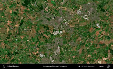 Nuneaton ve Bedworth. Temmuz 2024 'te çekilen Kopernik Nöbetçi karolarından oluşan bir uydu görüntüsü üzerinde Birleşik Krallık' ın idari alanı