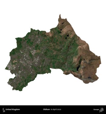 Oldham. Birleşik Krallık 'ın idari alanı, Nisan 2020' de çekilen Kopernik Nöbetçi karolarından oluşan bir uydu görüntüsü üzerinde beyaza izole edilmiştir.
