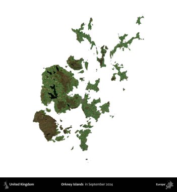Orkney Adaları. Birleşik Krallık 'ın idari alanı, Eylül 2024' te çekilen Kopernik Nöbetçi karolarından oluşan bir uydu görüntüsü üzerinde beyaza izole edilmiştir.