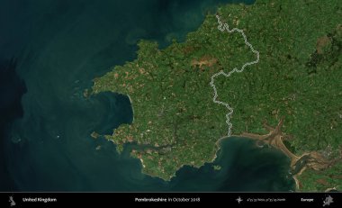 Pembrokeshire. Ekim 2018 'de çekilen Kopernik Nöbetçi karolarından oluşan bir uydu görüntüsü üzerinde Birleşik Krallık' ın idari alanının ana hatlarını belirledik.