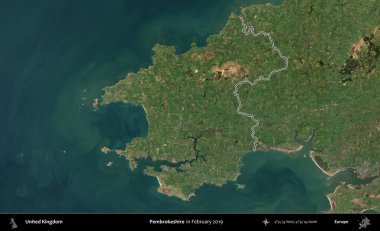 Pembrokeshire. Şubat 2019 'da çekilen Kopernik Nöbetçi karolarından oluşan bir uydu görüntüsü üzerinde Birleşik Krallık' ın idari alanının ana hatlarını belirledik.