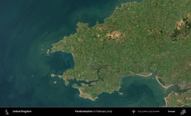 Pembrokeshire. Şubat 2019 'da çekilen Kopernik Nöbetçi karolarından oluşan bir uydu görüntüsü üzerinde Birleşik Krallık' ın idari alanı
