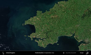 Pembrokeshire. Eylül 2019 'da çekilen Kopernik Nöbetçi karolarından oluşan bir uydu görüntüsü üzerinde Birleşik Krallık' ın idari alanı