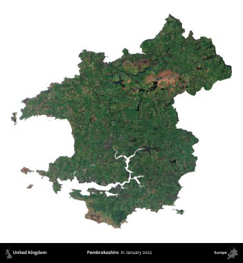 Pembrokeshire. Birleşik Krallık 'ın idari alanı, Copernicus Sentinel' in Ocak 2022 'de çekilen uydu görüntüsüyle beyaza izole edildi.