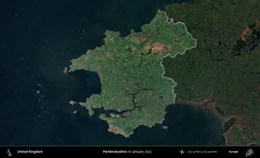 Pembrokeshire. Birleşik Krallık 'ın idari alanı, Ocak 2022' de çekilen Kopernik Nöbetçi karolarından oluşan koyu renkli bir uydu görüntüsü üzerinde vurgulandı ve özetlendi.