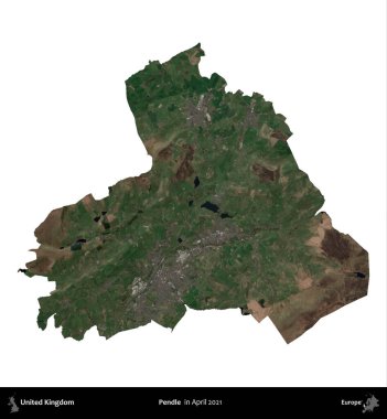 Pendle. Birleşik Krallık 'ın idari alanı, Nisan 2021' de çekilen Kopernik Nöbetçi karolarından oluşan bir uydu görüntüsü üzerinde beyaza izole edilmiştir.
