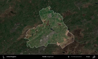 Pendle. Birleşik Krallık 'ın idari alanı, Nisan 2021' de çekilen Kopernik Nöbetçi karolarından oluşan koyu renkli bir uydu görüntüsü üzerinde vurgulandı ve özetlendi.