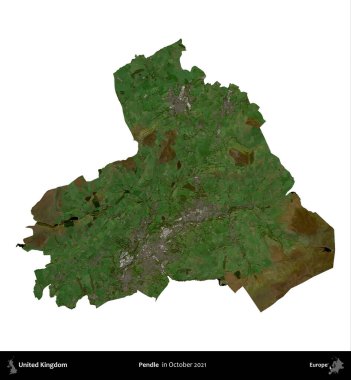 Pendle. Birleşik Krallık 'ın idari alanı, Ekim 2021' de çekilen Kopernik Nöbetçi karolarından oluşan bir uydu görüntüsüyle beyaza izole edildi.