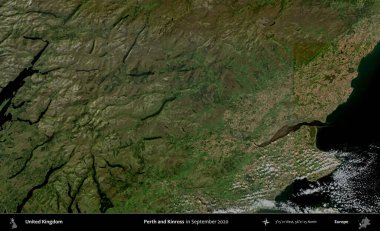 Perth ve Kinross. Eylül 2020 'de Copernicus Sentinel karolarından oluşan bir uydu görüntüsü üzerinde Birleşik Krallık' ın idari alanı