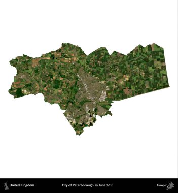 Peterborough şehri. Birleşik Krallık 'ın idari alanı, Haziran 2018' de çekilen Kopernik Nöbetçi karolarından oluşan bir uydu görüntüsüyle beyaza izole edilmiştir.
