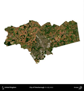 Peterborough şehri. Birleşik Krallık 'ın idari alanı, Temmuz 2022' de çekilen Kopernik Nöbetçi karolarından oluşan bir uydu görüntüsüyle beyaza izole edildi.