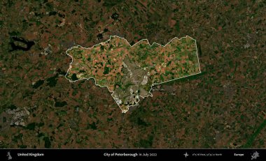 Peterborough şehri. Birleşik Krallık 'ın idari alanı, Temmuz 2022' de çekilen Kopernik Nöbetçi karolarından oluşan koyu renkli bir uydu görüntüsüyle vurgulanmış ve özetlenmiştir.