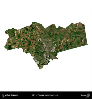Peterborough şehri. Birleşik Krallık 'ın idari alanı, Temmuz 2024' te çekilen Kopernik Nöbetçi karolarından oluşan bir uydu görüntüsü ile beyaza izole edilmiştir.